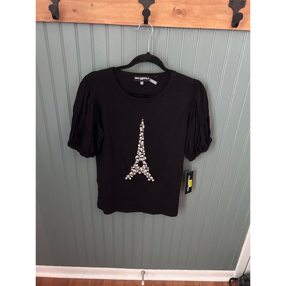 Karl Lagerfeld Paris Eiffel Tower Embellished Puff Sleeve Top Small - Picture 1 of 7
